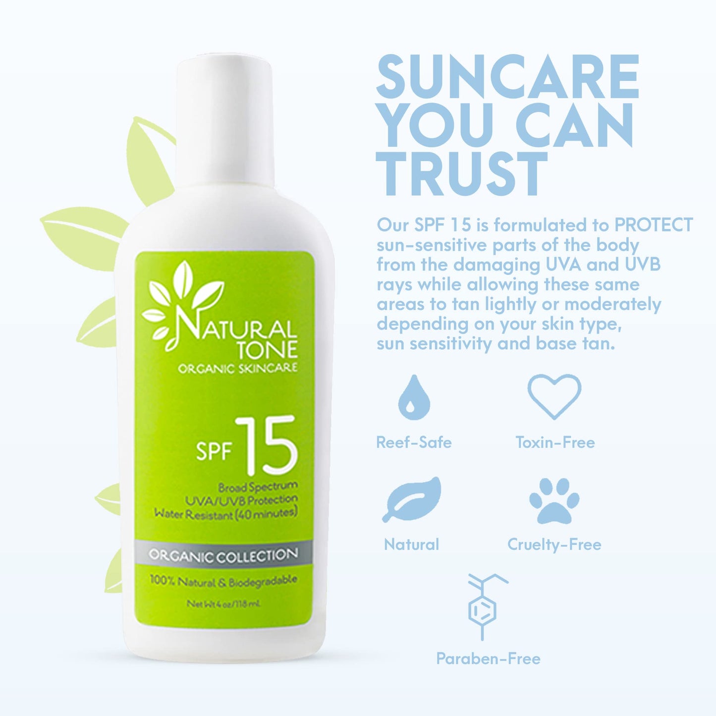 SPF15 Broad Spectrum Natural Sunscreen, Soothing & Hydrating Sunscreen Lotion, Plant-Based Sun Block, Water-Resistant Sun Screen