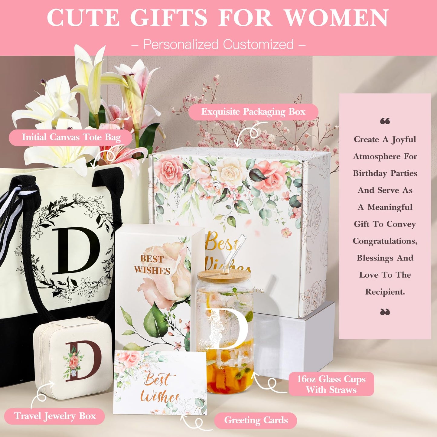 Initial D Birthday Gifts Women, Unique Personalized Monogrammed Gift with Initial Canvas Tote Bag 16oz Glass Cup Jewelry Case Box for Mom Teacher Sister Friend Wife Coworker Mothers Day Gifts
