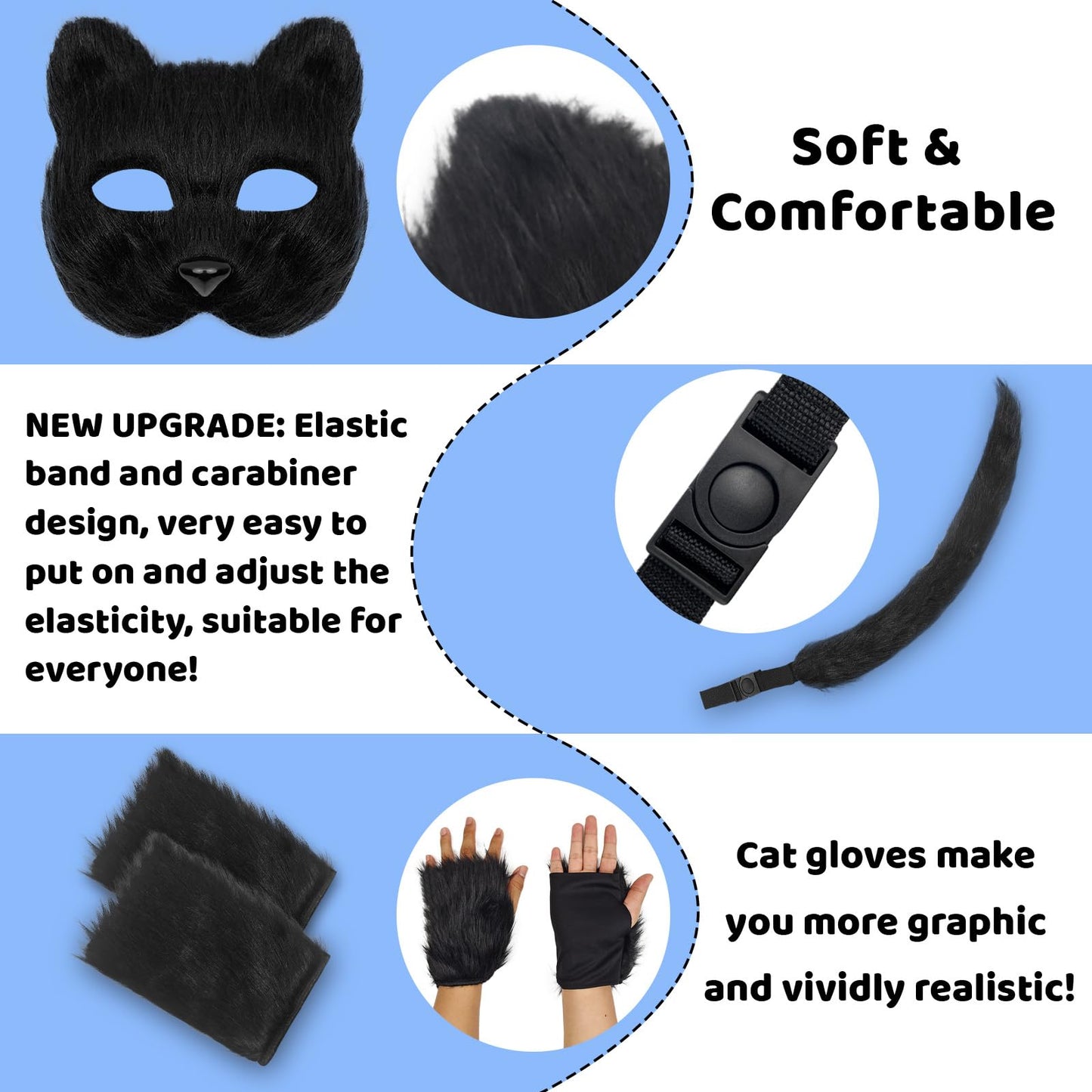 FunMular Therian Mask and Tail Cat Masks Animal Tail Fox Glove Set Furry Paws for Halloween Party Costume (Black)