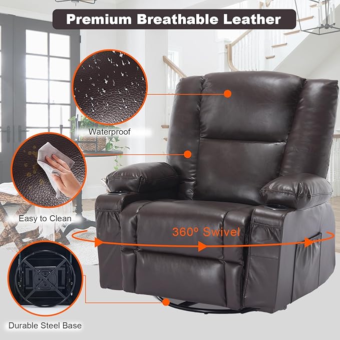 Massage Swivel Rocker Recliner with Heat, Brethable Leather Rocking Recliners Chair for Living Room, Modern Manual Recliner with Cup Holders, Overstuffed Single Sofa Chairs for Adults, Red Brown