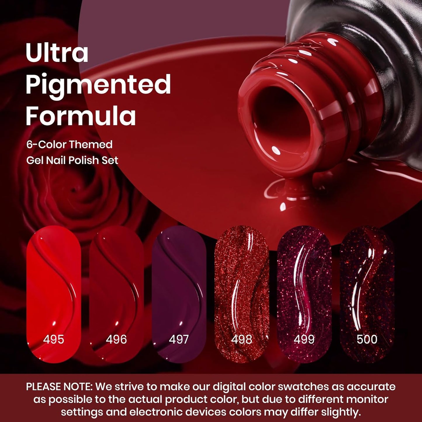 Beetles Red Gel Nail Polish Set 6 Colors Burgundy Red Glitter Purple Soak Off UV LED Gel Polish Art Design Decoration DIY Nail Gifts for Women Poinsettia