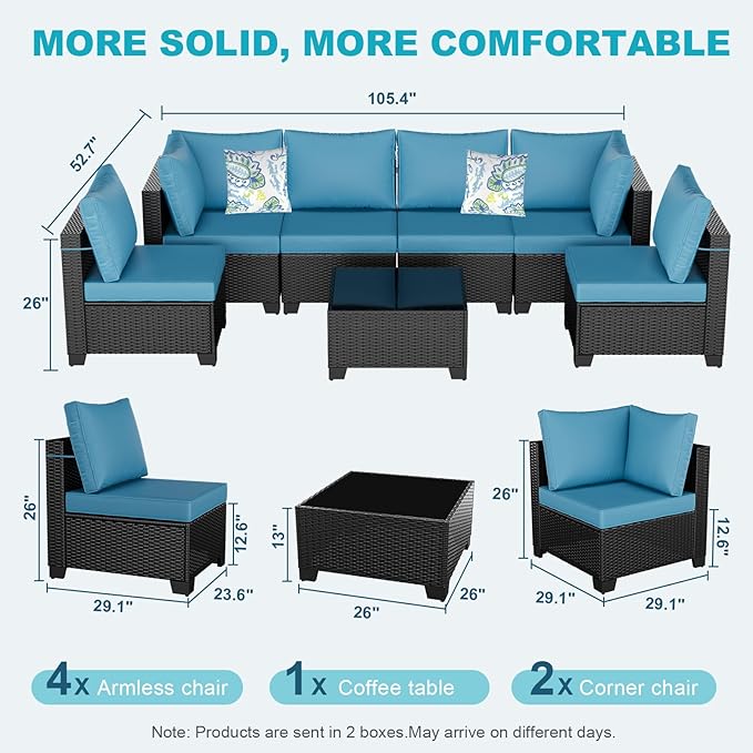 Ophelian 7 Pieces Outdoor Conversation Sectional Rattan Sofa, Patio Furniture Set, with Wicker and Cushions for Garden and Backyard, (Coffee/Peacock Blue)