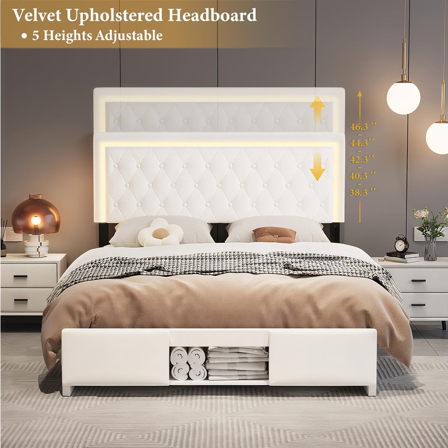 Queen Bed Frame with Sliding Barn Door Storage Cabinets,Bed Frame Queen Size Button Tufted Platform with Adjustable Comfortable Headboard,LED Lights,Charging Station,Solid Wooden Slats,Noiseless