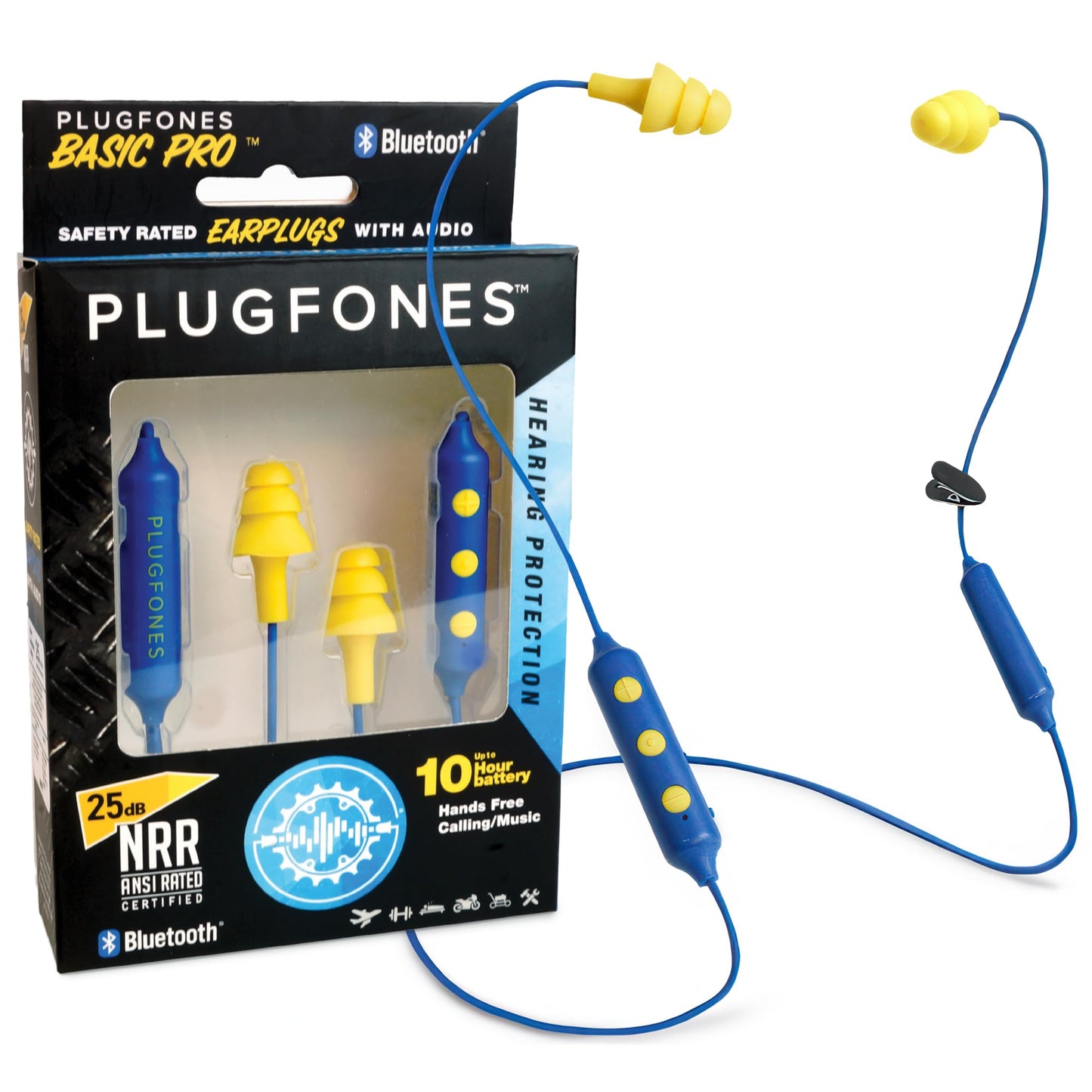 Plugfones Basic Pro Earplug Headphones Wireless Bluetooth in-Ear Earplug Earbuds 25 dB Noise Reduction Rating OSHA Compliant Hearing Protection with Noise Isolating Mic and Controls (Blue & Yellow)-New