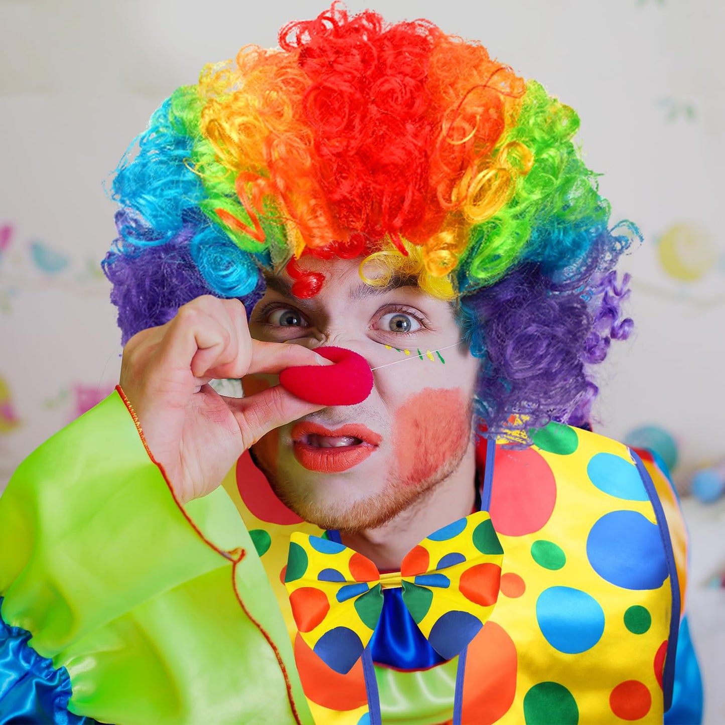 Funtery 12 Pcs Clown Costume Set - Clown Nose, Vest, Wig, Bow, Tie, White Gloves for Circus Cosplay Party