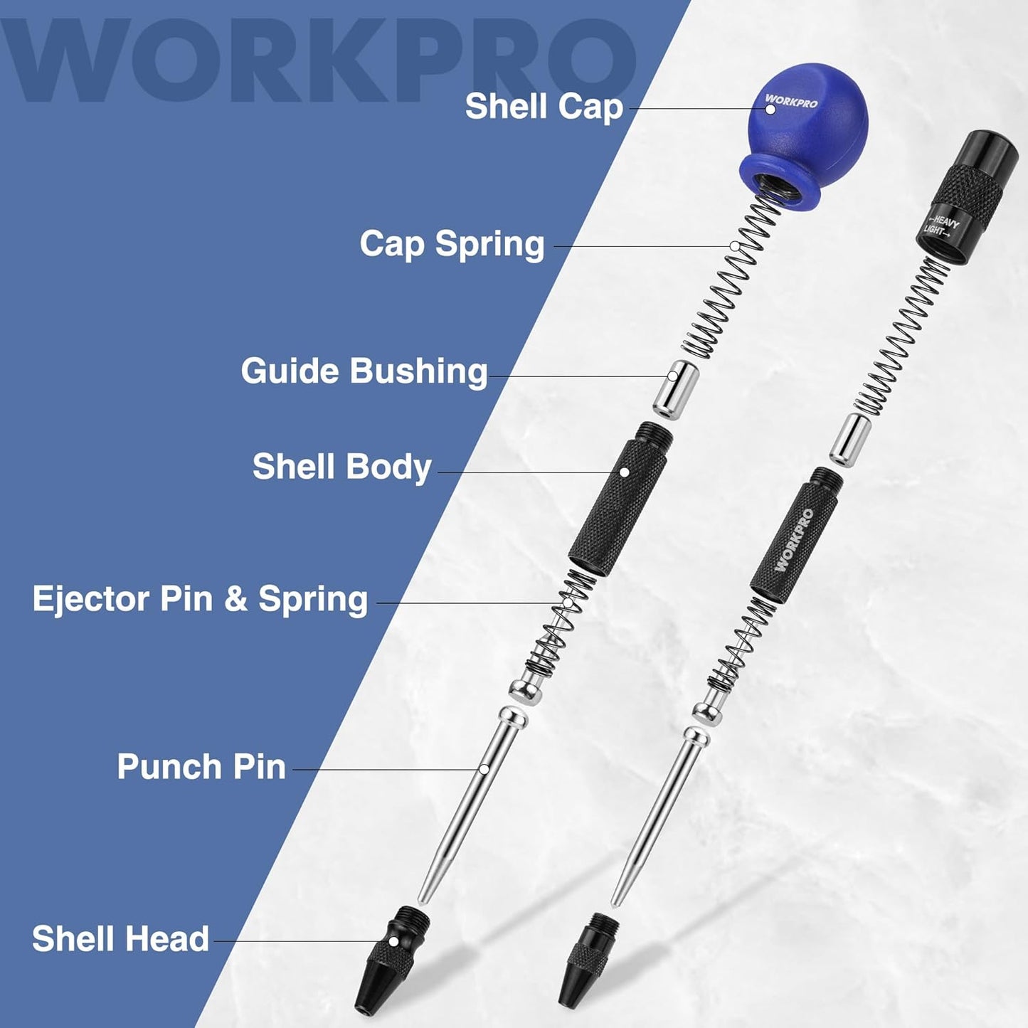 WORKPRO 2PCS Automatic Center Punch with an Extra Replacement Tip, Adjustable Spring Loaded Center Punch, Metal Punch Tool, Center Hole Punch for Wood, Metal, Plastic