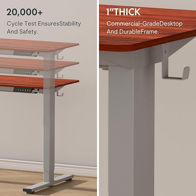 FLEXISPOT EN1 One-Piece Standing Desk with 1-Inch Thick Desktop, 55"x28" Electric Height Adjustable Desk for Home Office & Multi-Device Workstations, Mahogany(Silver Frame)