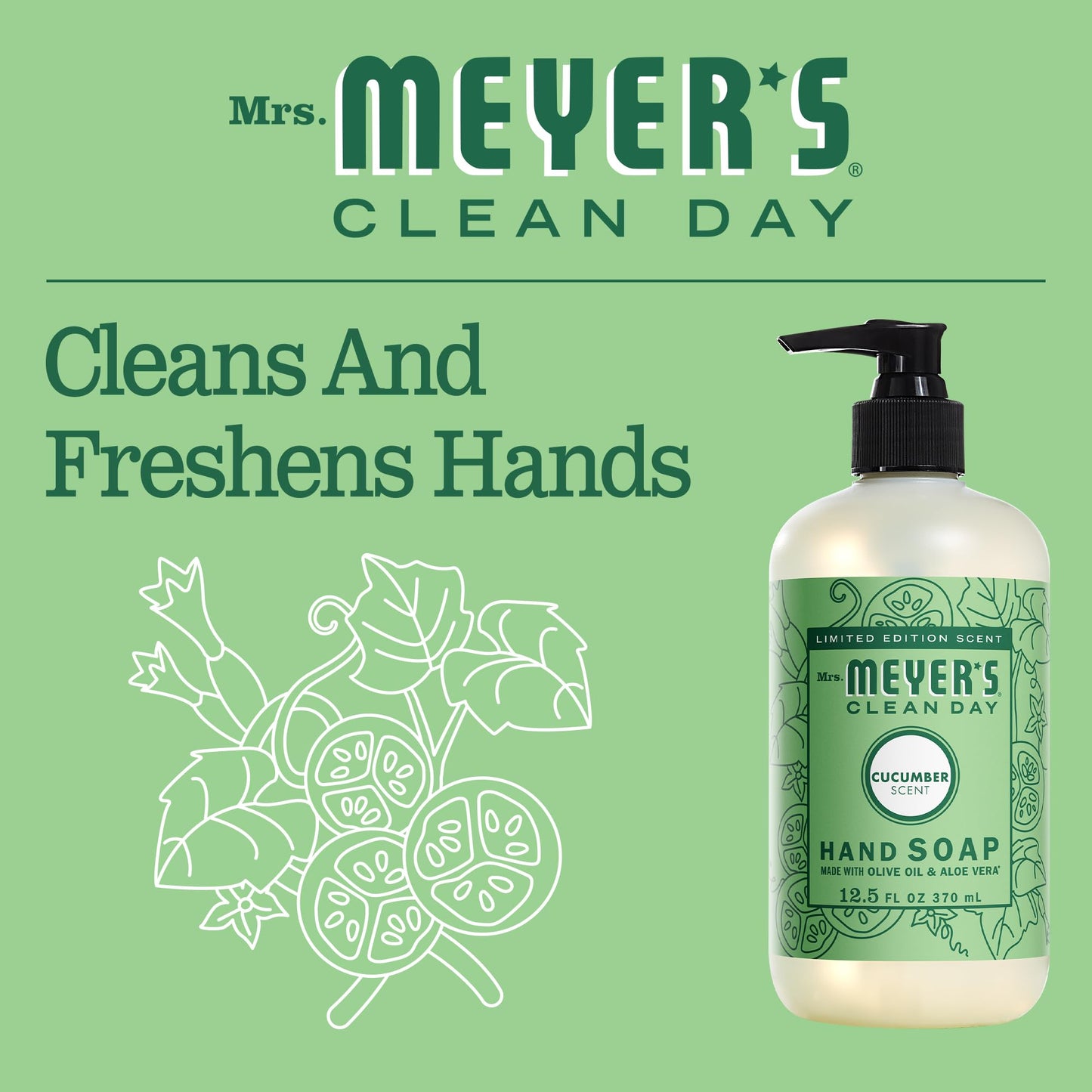 MRS. MEYER'S CLEAN DAY Liquid Hand Soap, Cruelty Free and Biodegradable Hand Wash Formula Made with Essential Oils, Cucumber Sce
