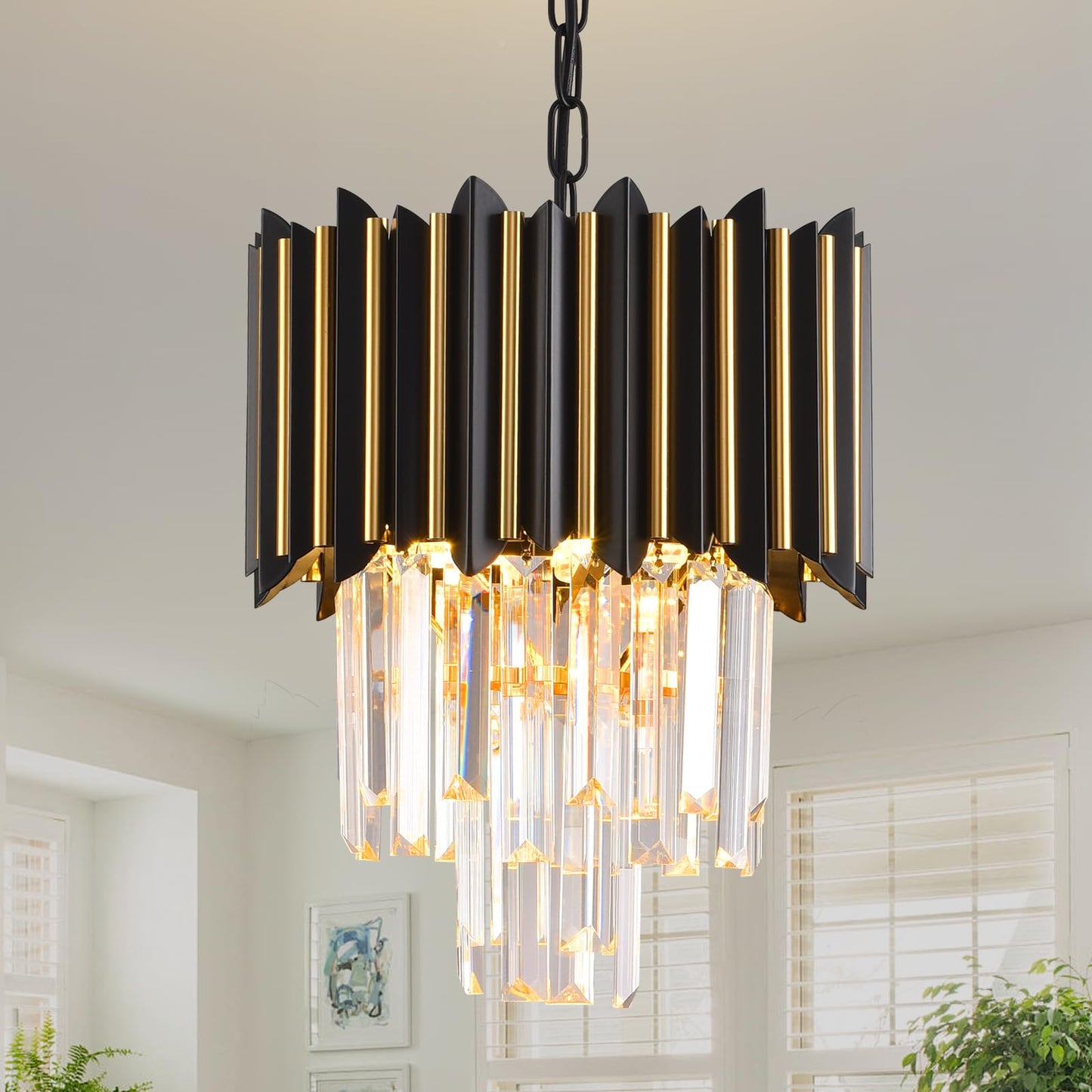 Black and Gold Chandelier Gold Modern Crystal Chandelier Light Fixtures Dining Room Chandelier 1-Light Round Small Crystal Ceiling Hanging Pendant Light Fixture Kitchen Island entryway Foyer Bedroom