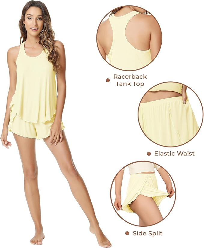 NACHILA Pajamas for Women-Viscose from Bamboo, Ribbed Racerback Tank Top Sexy Split Shorts Pajama Sets Cooling Sleep Cami Pjs