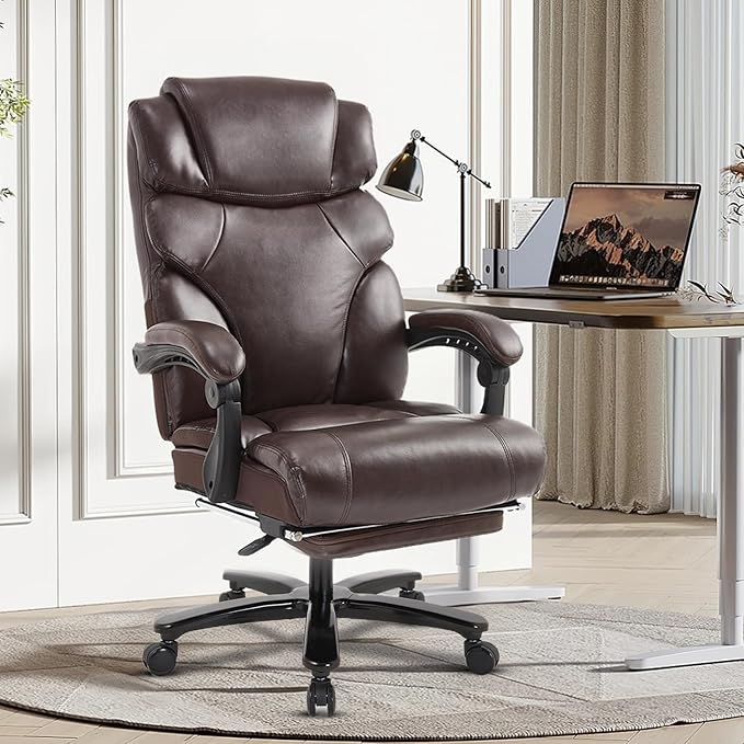 KCREAM 550lbs Heavy Duty Office Chair with Wide Seat,Big and Tall Executive Office Chair,Ergonomic Reclining Desk Chair with Footrest,PU Leather Computer Chair for Home and Office Use,Brown