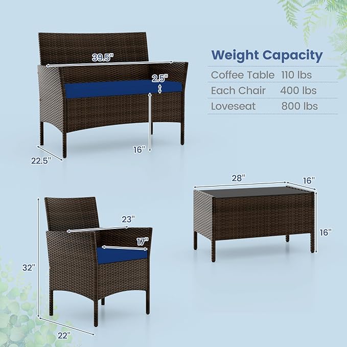 RELAX4LIFE 4-Piece Patio Furniture Set - Rattan Outdoor Conversation Bistro Set w/Cushions, Glass Coffee Table, Wicker Chairs & Loveseat for Garden Backyard Porch, Balcony Furniture Set (1, Navy)