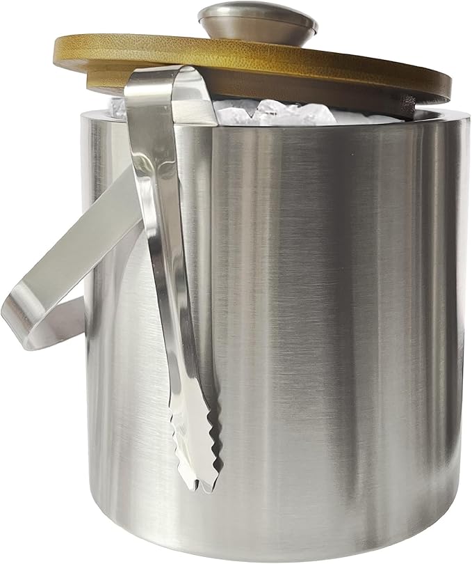 Lily's Home Double Wall Insulated Small Ice Bucket with Bamboo Lid - Stainless Steel Ice Holder with Tongs and Strainer, I...