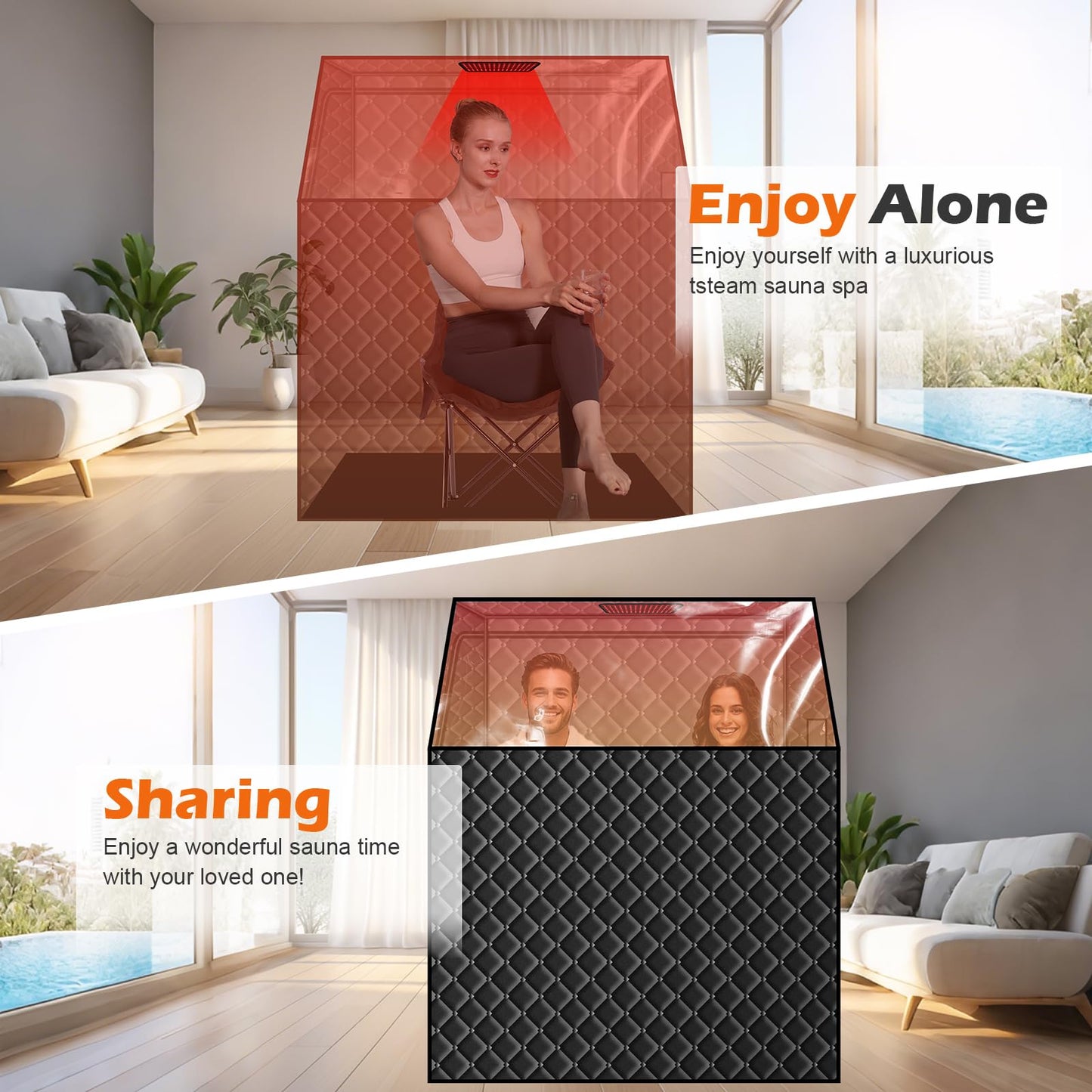 Smartmak Two Person Portable Far Infrared Sauna for Home, Full View X-Large Sauna Box with 660nm Red Light Therapy Lamp, 6 Heaters, Indoor SPA Room for Relaxaion, Remote Control, 2 Big Folding Chairs