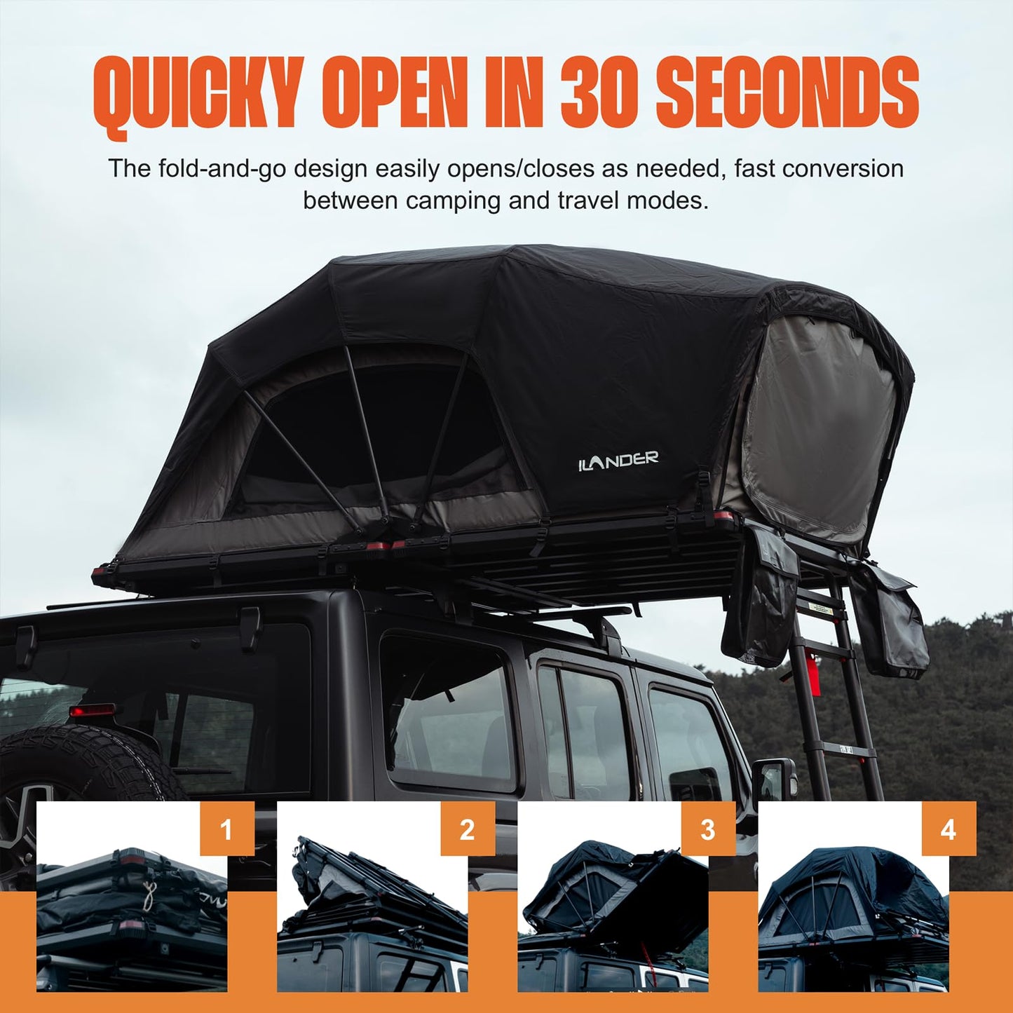 ILANDER Rooftop Tent Hardshell for SUV Van Jeep Truck Car, Aluminum Alloy Rooftop Tent with Two Support Poles, Waterproof and UV-Resistant Overland Roof Tents Camping for 2-3 Person (1.4M)