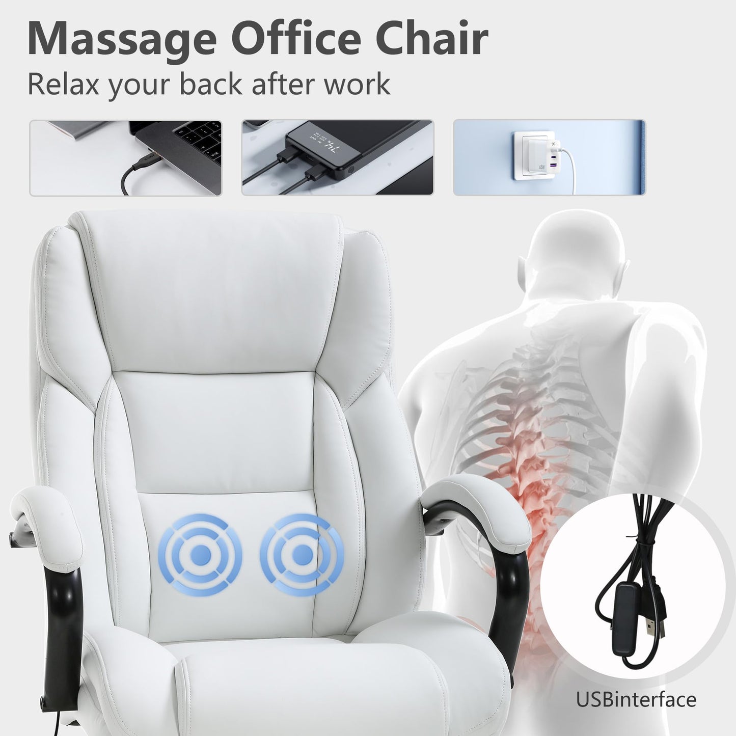 Office Chairs Big and Tall 500lbs Wide Seat for Heavy People Ergonomic Massage PU Leather Executive Chair Adjustable Rolling Swivel Computer Desk Chair with Lumbar Support Headrest Task Chair White