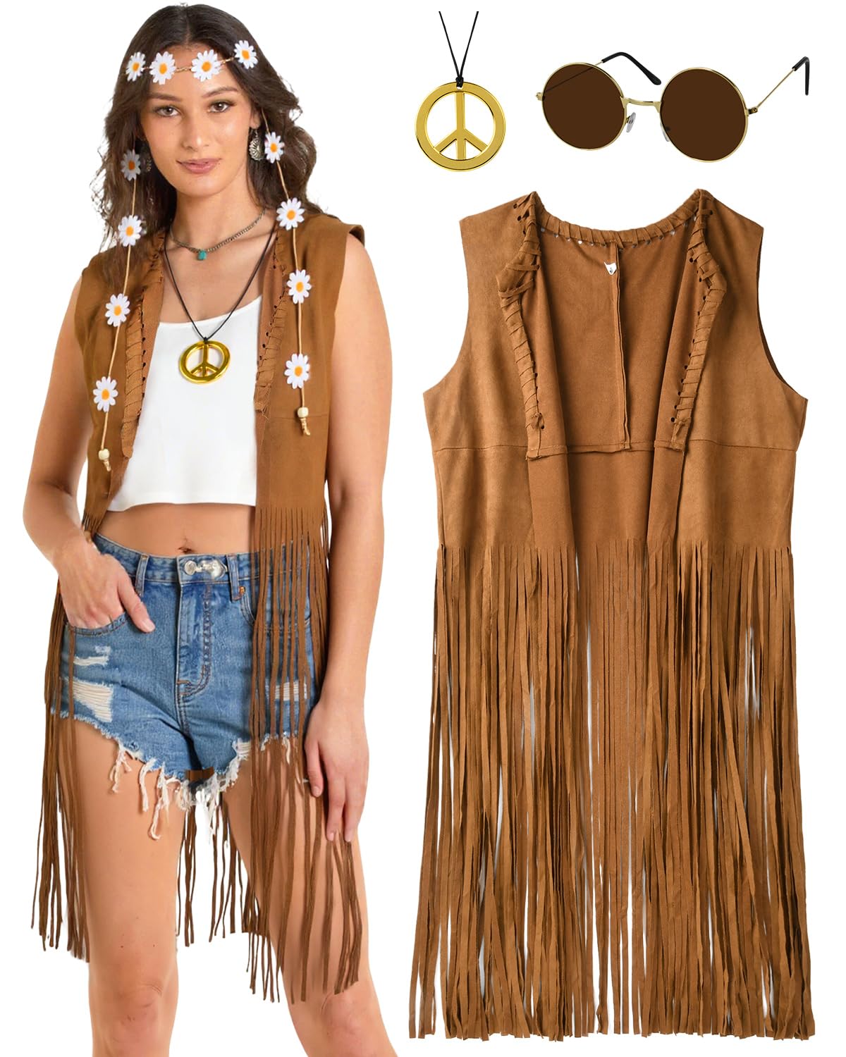 CEELGON 60s 70s Outfits Hippie Clothes for Women Disco Suede Fringe Vest Western Shirts Accessories Woman Cowgirl 1970 Style Decades Day Boho Costume Tops Flower Crowns (L)