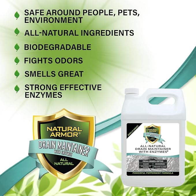Natural Armor Enzyme Drain Maintainer - Gallon Drain Cleaner with Natural Enzyme Power to Prevent Buildup & Odors - Safe for Sinks, Showers, Grease Traps & Septic - Non-Toxic Formula, 128 fl oz