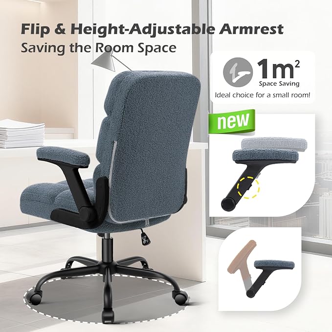 SEATZONE Blue Office Chair with Wheels,Ergonomic Home Office Computer Chair with Flip-up Armrest,Comfy Adjustable Rolling Chair Teddy Fleece