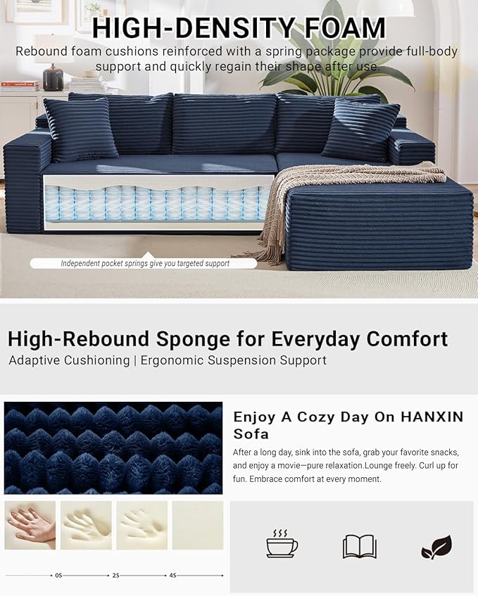 105 Inch Modular Sectional Sofa,Modern Cloud Sectional Couch with Deep Seat,Corduroy Boneless Couches with L-Shape Chaise for Living Room Bedroom,No Assembly Required (Blue, Right Facing Chaise)