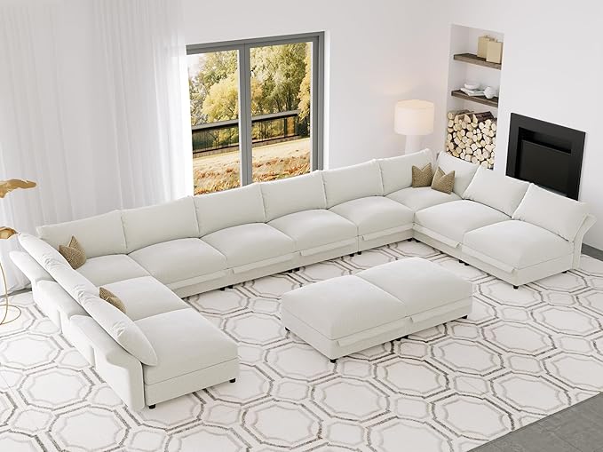 DreamDashio 12 Seater Oversized Modular Sectional Sofa with Storage & Adjustable Arms Backs, 211" Large U Shaped Sectional Couches for Living Room with Deep Seat, Beige Chenille