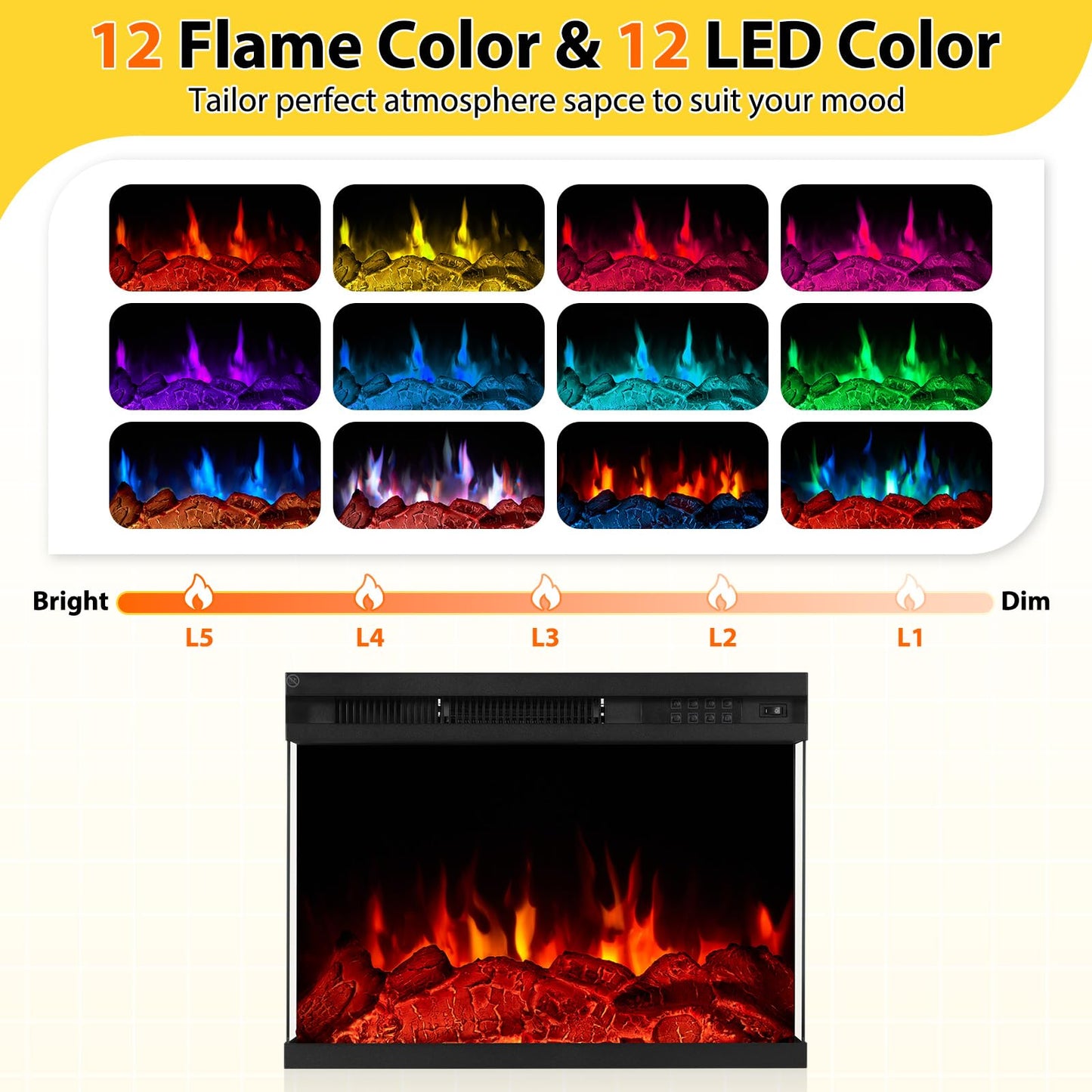 OneBlis 59'' TV Stand, 3 Sided Glass Media Entertainment Center Console Table for TVs up to 65'' with Glass Door, Adjustable Flame LED Color for Living Room, White