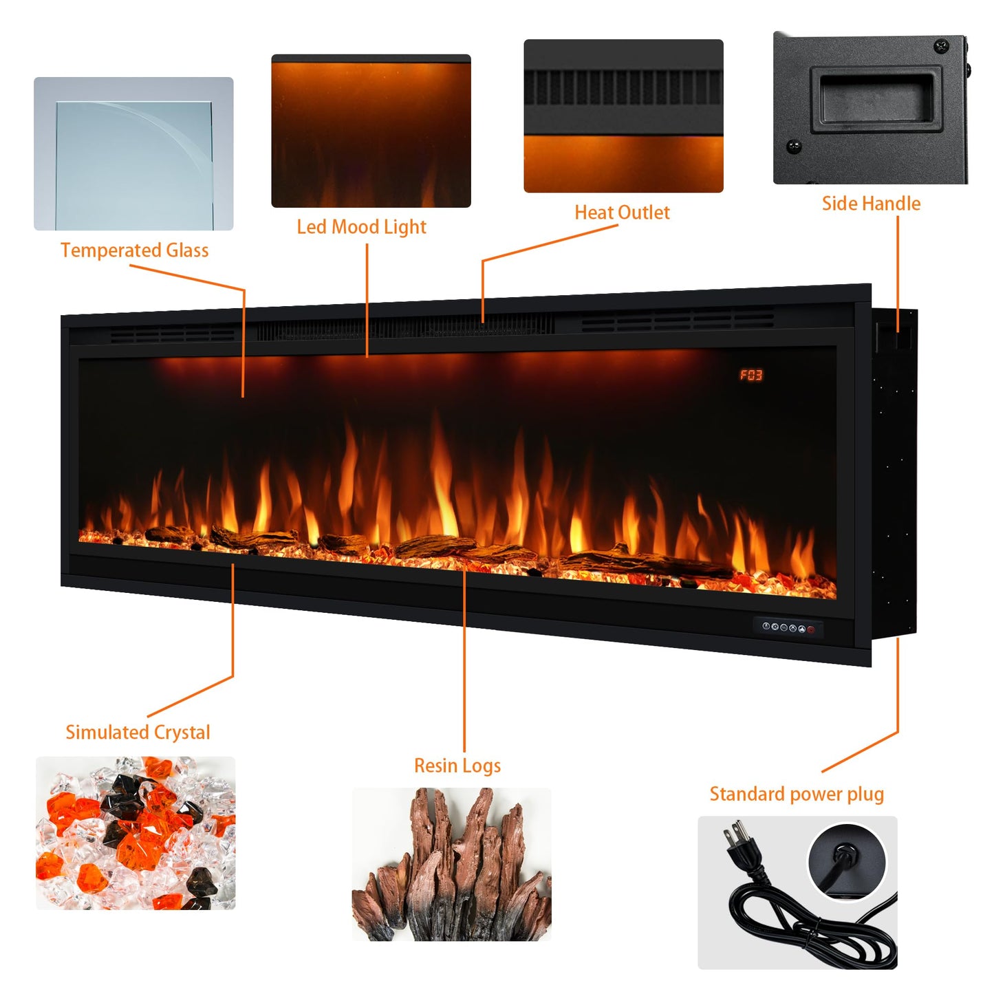 Smart 50 inch WiFi-Enabled Electric Fireplace Inserts, Wall Mount & in Wall recessed Fireplace Heater, w/Realistic Log &Crystals, Adjustable Flame Color, Thermostat and Timer, 750W/1500W, Black