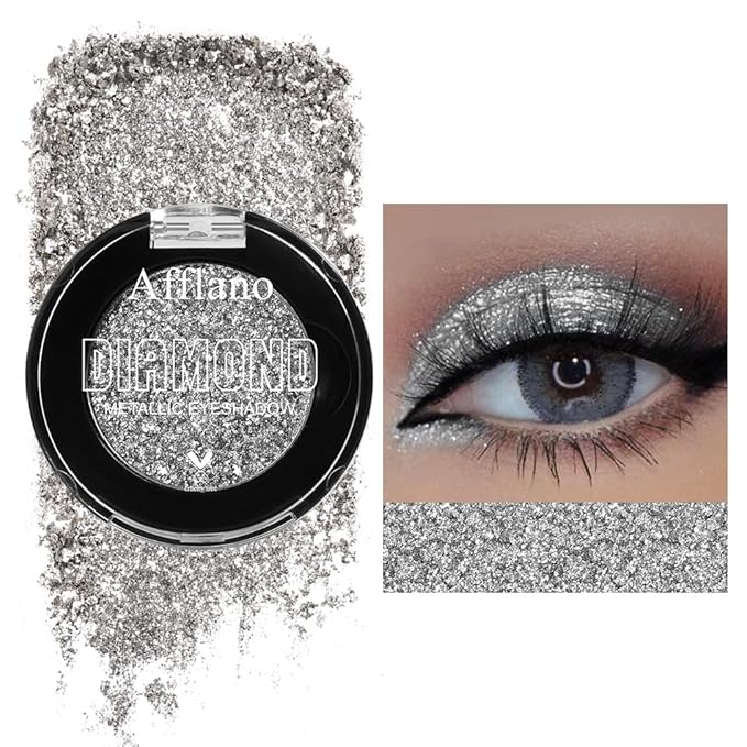 Afflano Silver Glitter Eyeshadow Super Pigmented, Intense Color Gray Silver Eyeshadow Palette Single, Long Lasting Sparkle...