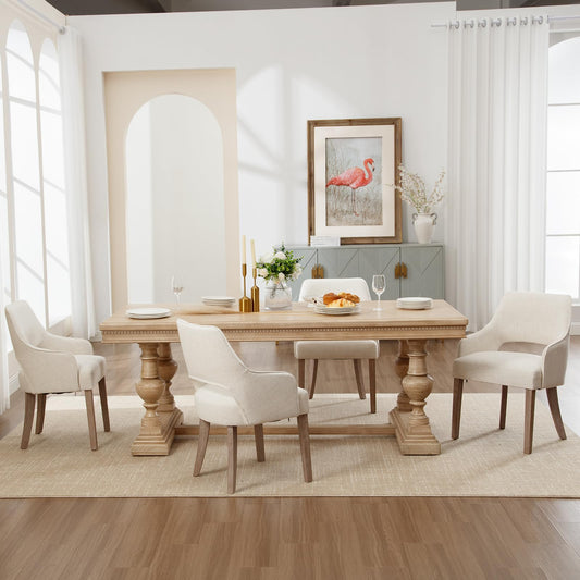 Kmax Linen Fabric Dining Chairs Set of 4 Upholstered Side Chairs Farmhouse Accent Chairs with Open Back Wood Legs for Dining Room Guest Room Restaurant, Cream(Wider Seats)