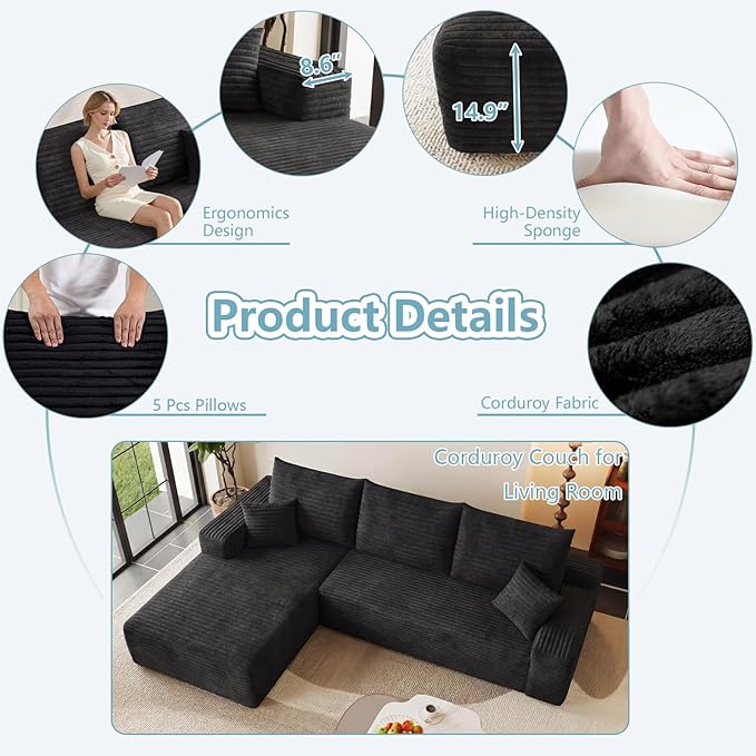 95" Cloud Sectional Couch with L-Shape Chaise, Modern Corduroy Boneless Couch for Living Room,Memory Foam Sofa with Deep Seat,No Assembly Required (Black,Left-Facing Chaise)
