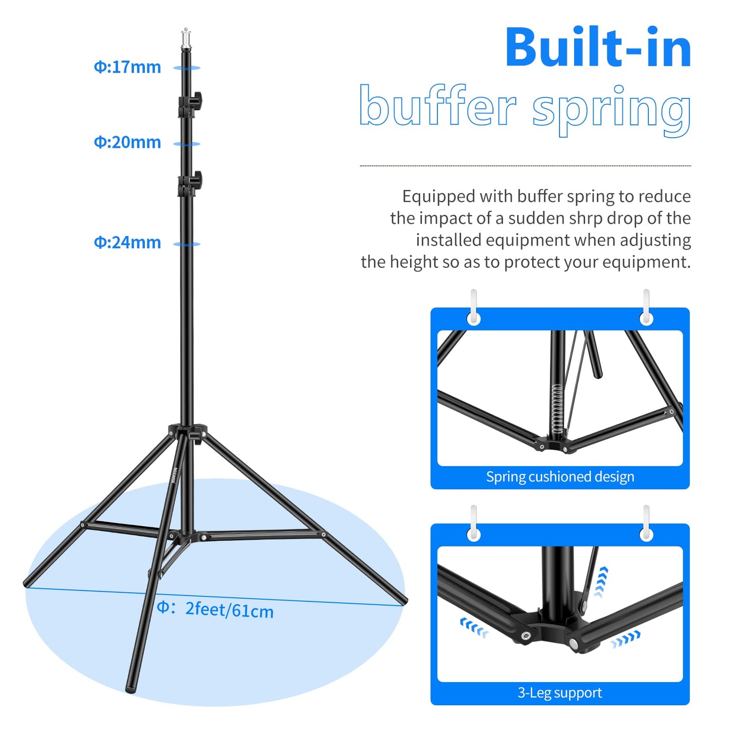 Neewer Collapsible Metal Photography Light Stand With Inner Spring Cushion, 1/4 Screw, And Carrying Bag For Lights, Reflectors,