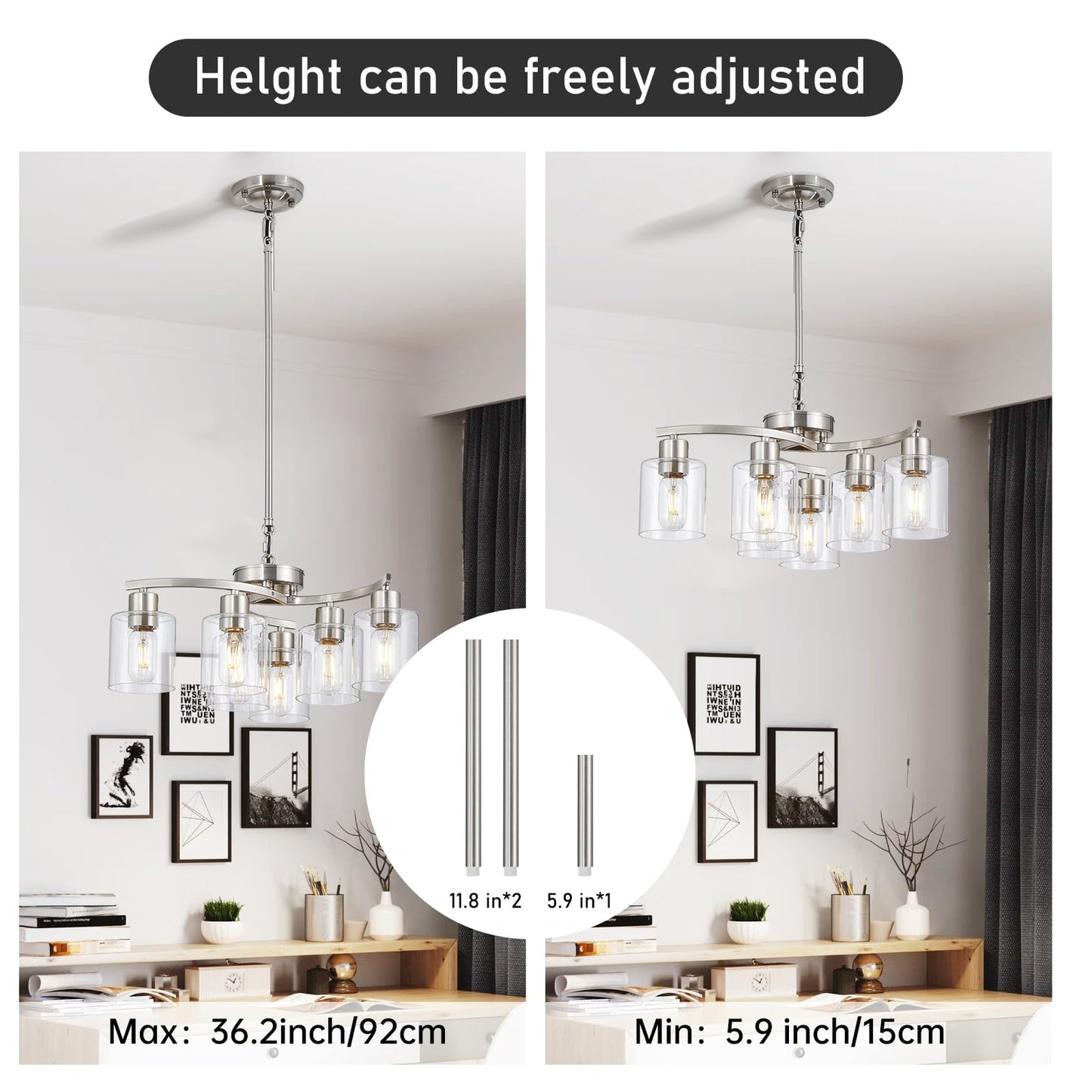 Eatich Modern Chandelier, Brushed Nickel Chandeliers for Dining Room, Adjustable Height 6 Light Dining Room Light Fixture, Hanging Light Fixtures Ceiling for Living Room Bedroom Kitchen Island
