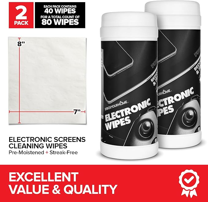 Electronic Screen Cleaner Wipes (80 Count, 2 Pack), Streak Free Pre-Moistened Wipes for Cleaning TVs, Laptops, Phones, Watches, Glasses, Cameras and Computer Screens