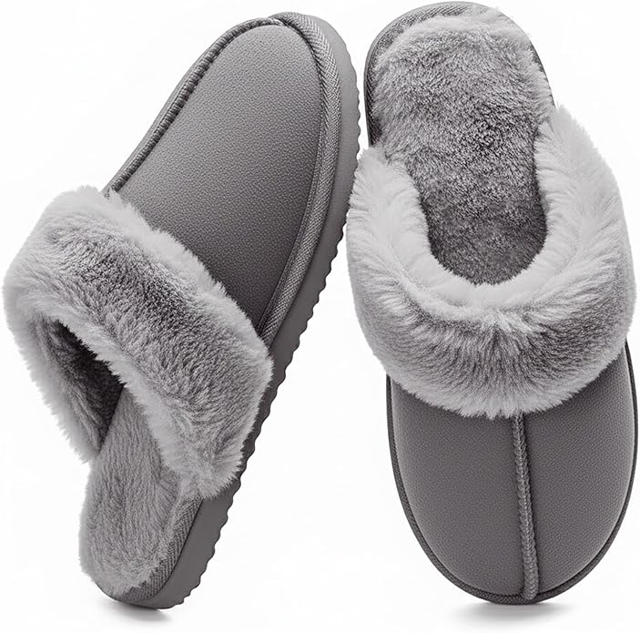 OOW Fuzzy Slippers for Women Cozy Faux Fur House Shoes Winter Warm Memory Foam Slippers for Indoor and Outdoor