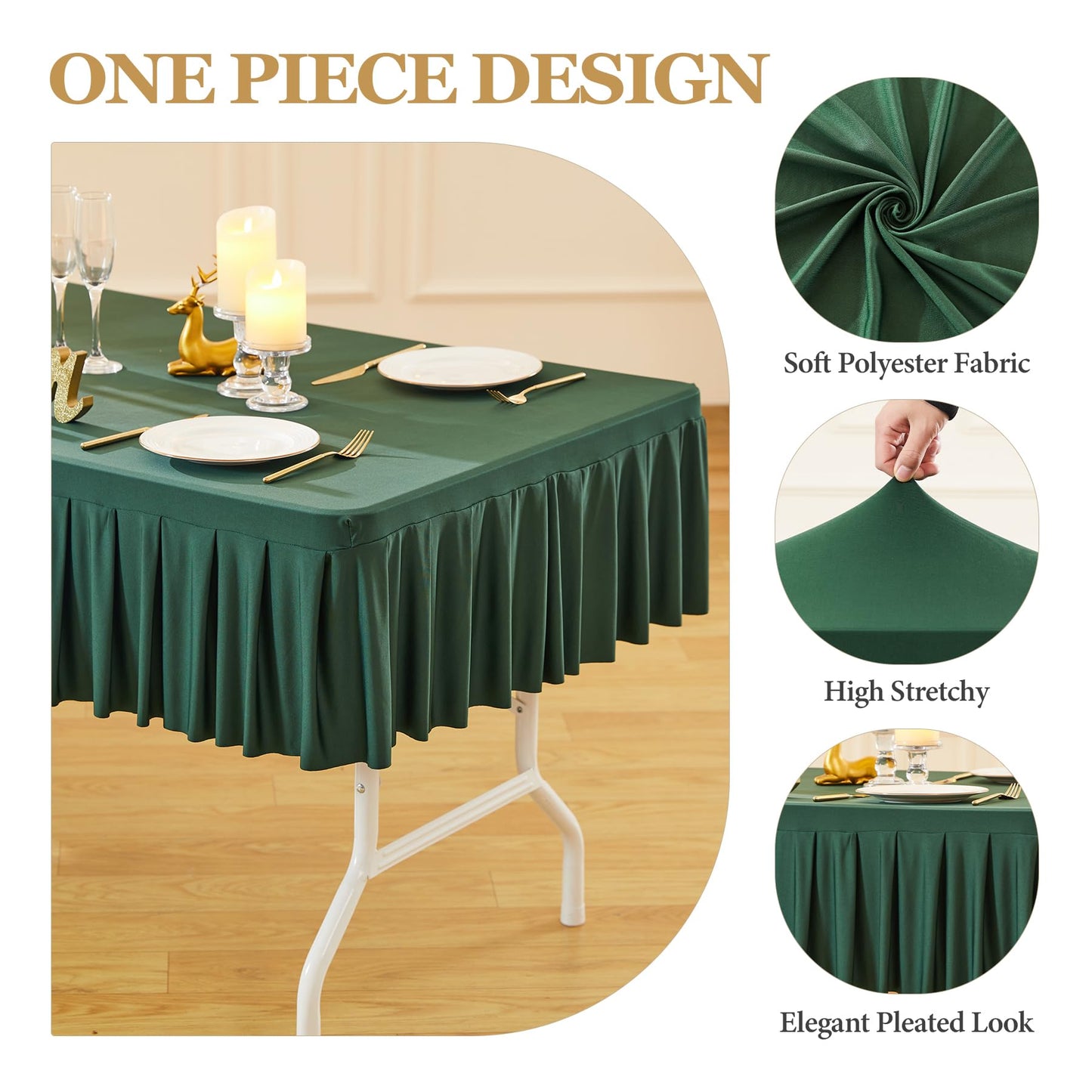 Wish Care Hunter Green Spandex Table Clothes for 8 Foot Rectangle Tables Wrinkle Free Ruffle Tablecloth with Pleated Skirt Stretch Fitted Table Covers for Wedding Birthday Christmas Party Banquet