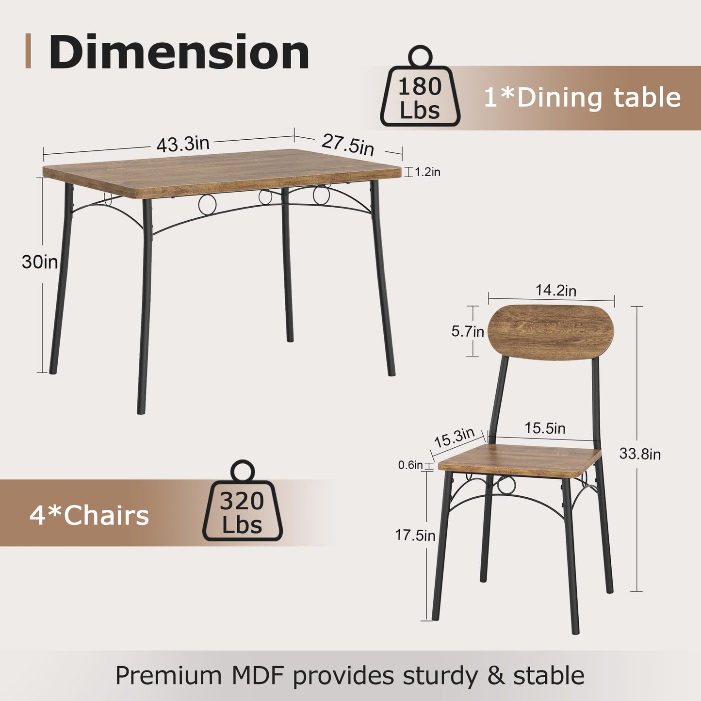 VECELO Kitchen Table Chairs Set for 4, 5 Piece Wood Dining Room Table with 4 Chairs, Perfect for Small Spaces, Compact Kitchen, Breakfast Nook, Brown