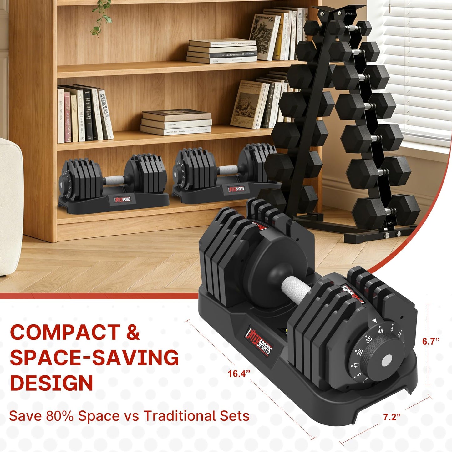 EnterSports 22/44 LBS Adjustable Dumbbell Quick Adjustment Space-saving Convertible Dumbbell with Non-Slip Handle, Changeable weights Suitable for Women Men Home Office Gym Body Strength Training (44lbs Single)