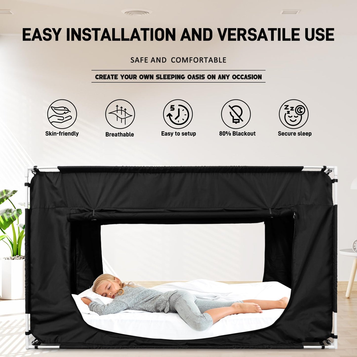 Bed Tent Bed Canopy Queen Size Tents for Adult and Kids - Portable Sleeping Bed Tents 80% Blackout with 4 Doors Breathable Private Space Tents(Mattress Not Included)