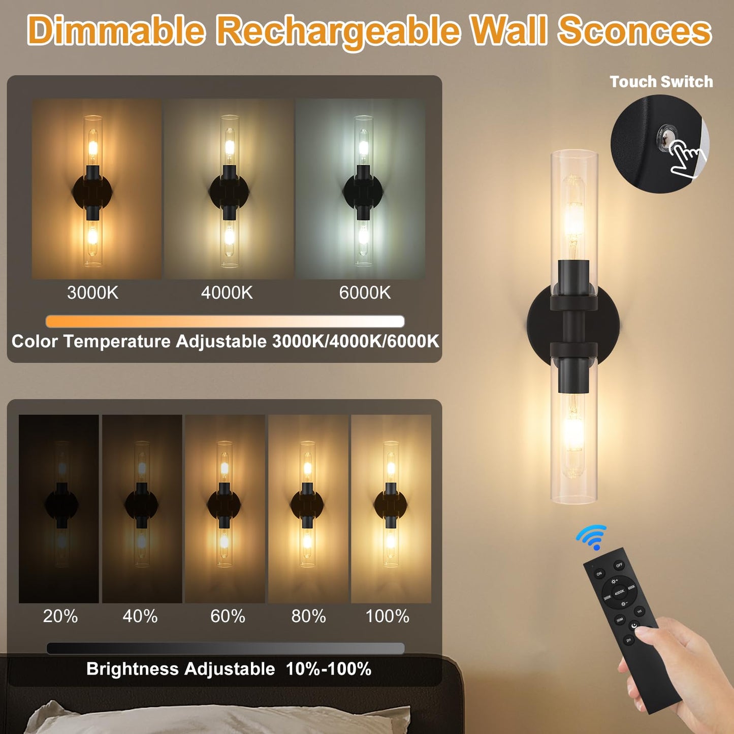 Battery Operated Wall Sconces Set of 2, 330° Rotation 3000K-6000K Dimmable Wireless Wall Sconce with Clear Glass 10400mAh USB Rechargeable Wall Lights with Remote Bulbs Included (Black-2Pack)