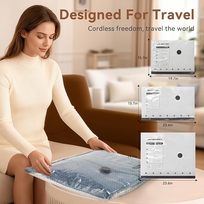 Vacuum Seal Bags for Clothing Travel,15 Pack Vacuum Bags with Cordless Electric Pump，Space saving vacuum bags for travel and clothing storage