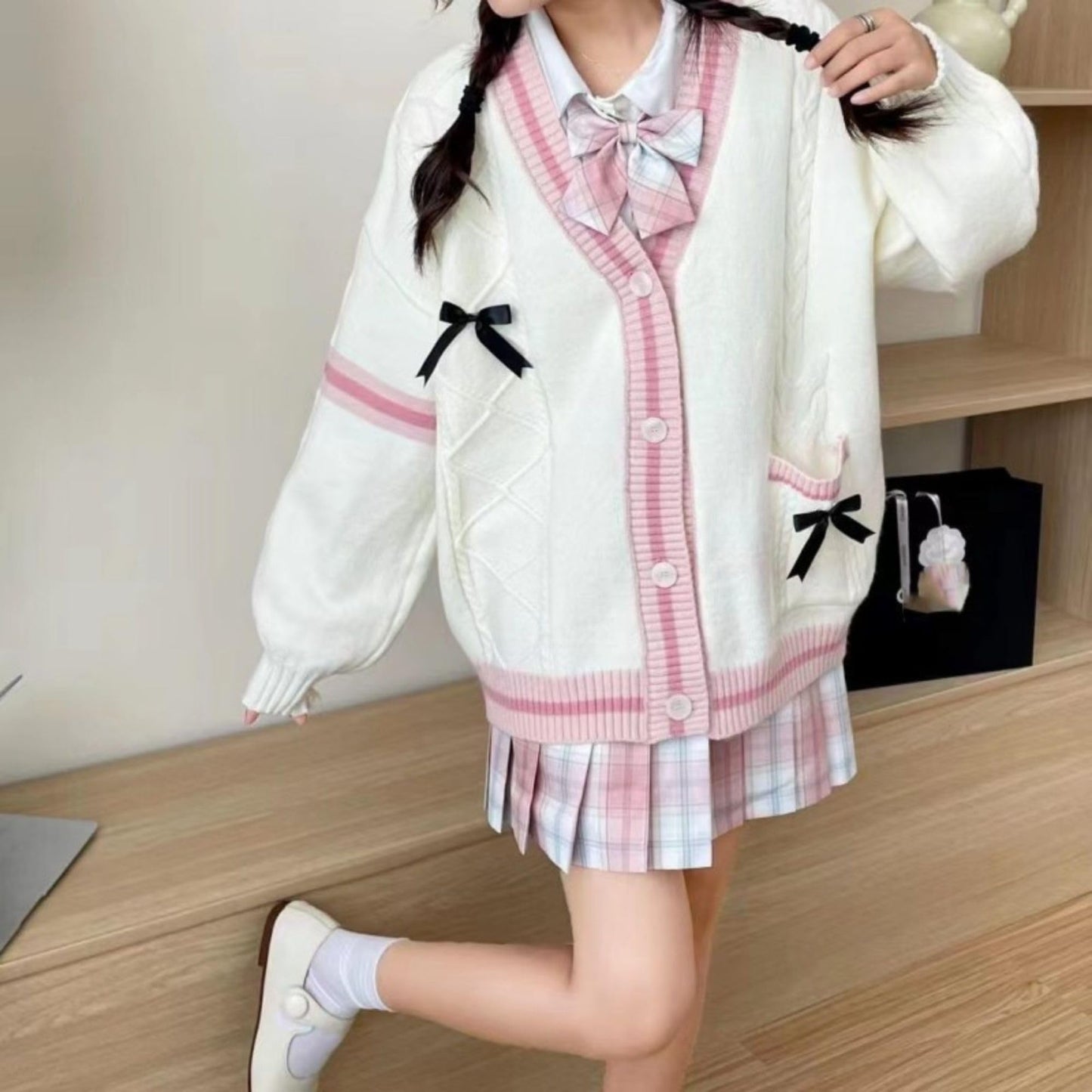 Chevara Women’s Cute Sweet Cardigan Sweater Kawaii School Uniform Button Long Sleeve V-Neck Knitted Outerwear(0133-01Beige-OneSize-CW)