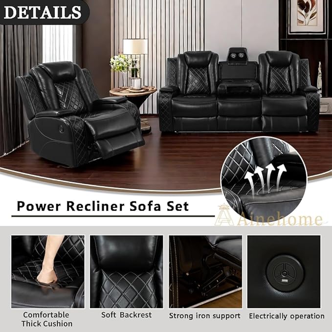 A Ainehome Living Room Furniture Set Black Leather Recliner Sofa Set Loveseat Chair Furniture Sofa Set for Living Room/Small Space/Rv/House/Office/Theater Seating (F-Black, Sofa+Chair)