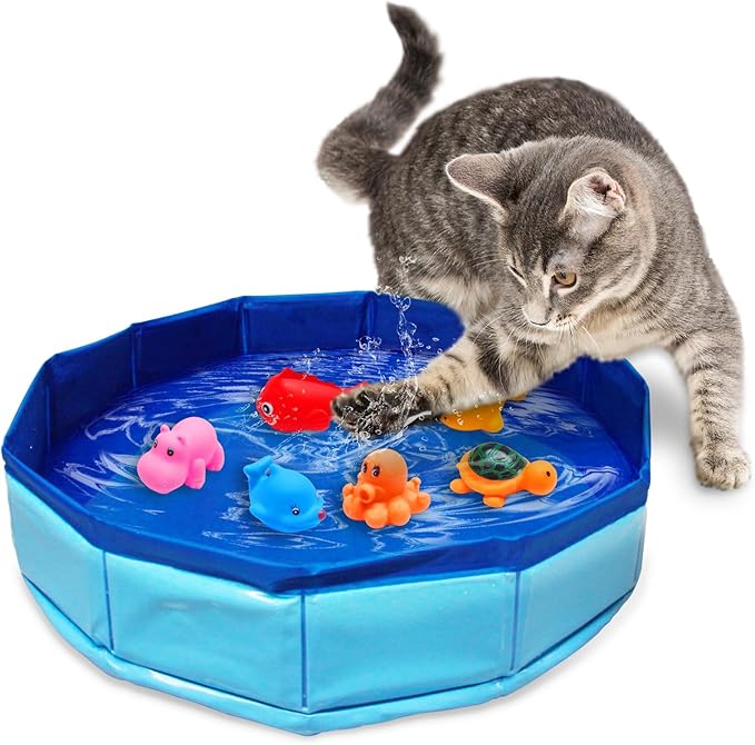 Eelexa Portable Cat Pool Toy with 6 Fish-Shaped Water Toys, Interactive Splash-Proof Indoor Cat Toys for Boredom Relief, S...
