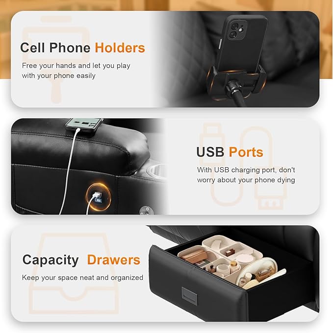 FURNIMAT Recliner Sofa, 4 Seater Dual Reclining Sofa with Flip Back Console, Modern PU Leather Recliner Couch for Living Room/RV, with Storage Drawer, USB Ports, Cup Holder, Cell Phone Holder, Black