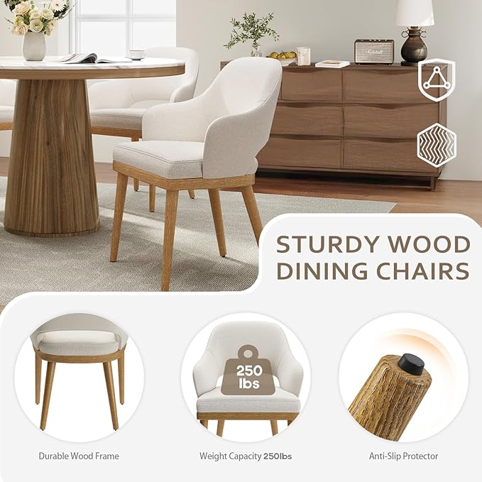 MALOL Wooden Dining Chairs Set of 6, Modern Fabric Upholstered Dining Room Chair, Kitchen Side Chairs, Farmhouse Dinner Chair with Open Back for Kitchen, Beige