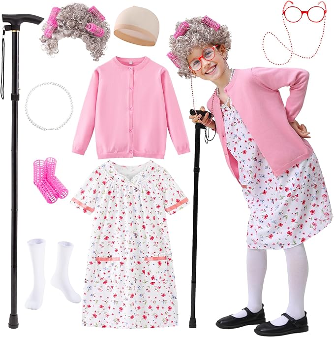 FUNSENLY Old Lady Costume for Kids Girls 100 Days of School Costume, Granny Grandma Dress Up for Girls