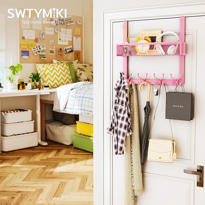 SWTYMIKI Over The Door Hook with 16 Hooks & Mesh Baskets - Heavy Duty Over The Door Organizer Hanger for Towels, Coats, Clothes - Space Saving Hanging Rack for Bathroom, Living Room, Pink