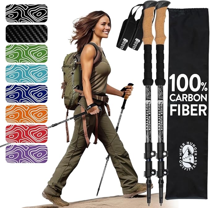 100% Carbon Fiber Trekking Poles by USA Brand - Ultra Strong Lightweight Collapsible Hiking Poles with Cork and EVA Foam G...