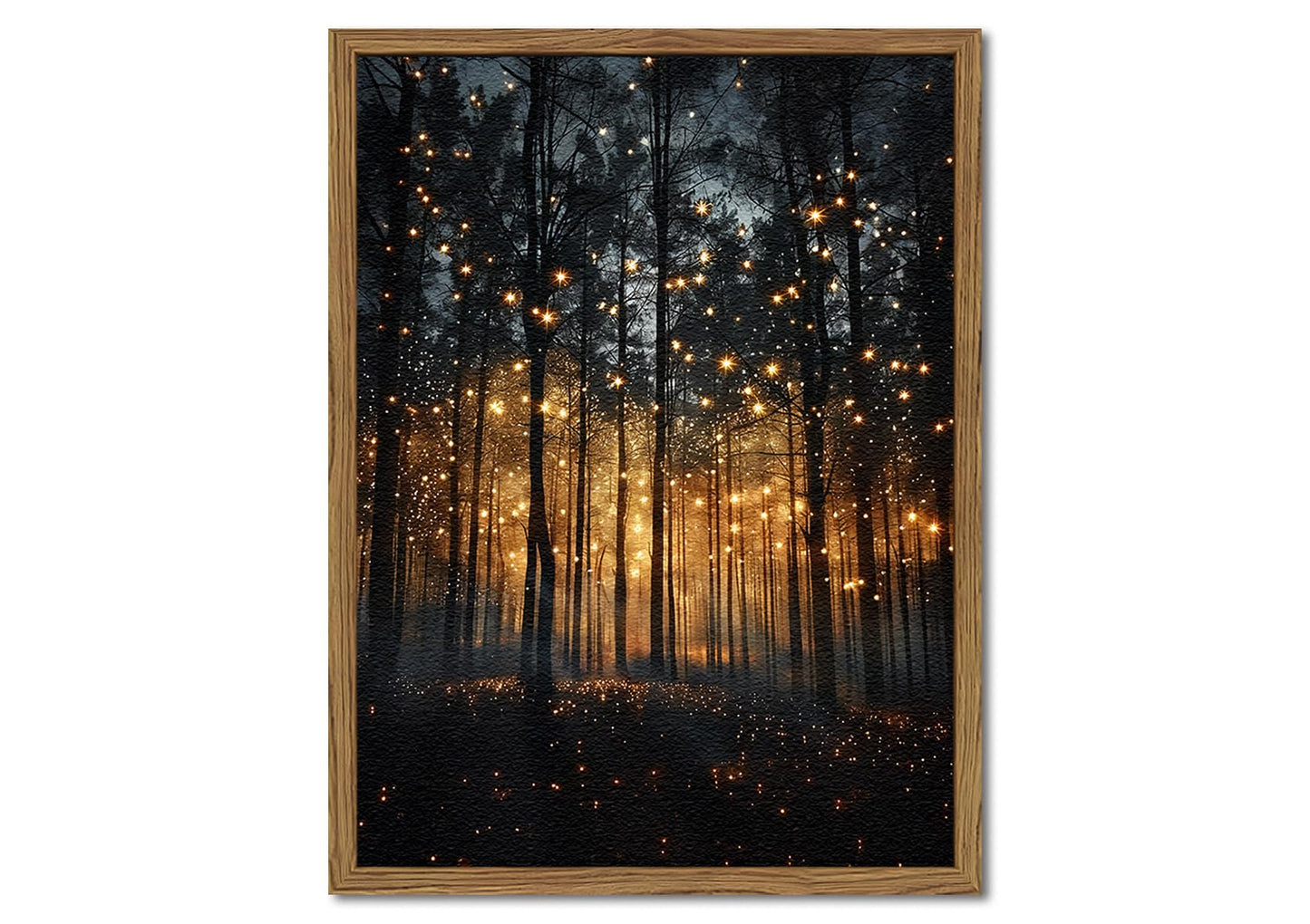 Enchanted Forest Firefly Wall Art, Dark Twilight Landscape Wall Decor 3D Texture Hand Drawn Sandstone Magical Nature Botanical Painting Artwork for Bedroom Living Room 16x12 inch Wood Framed