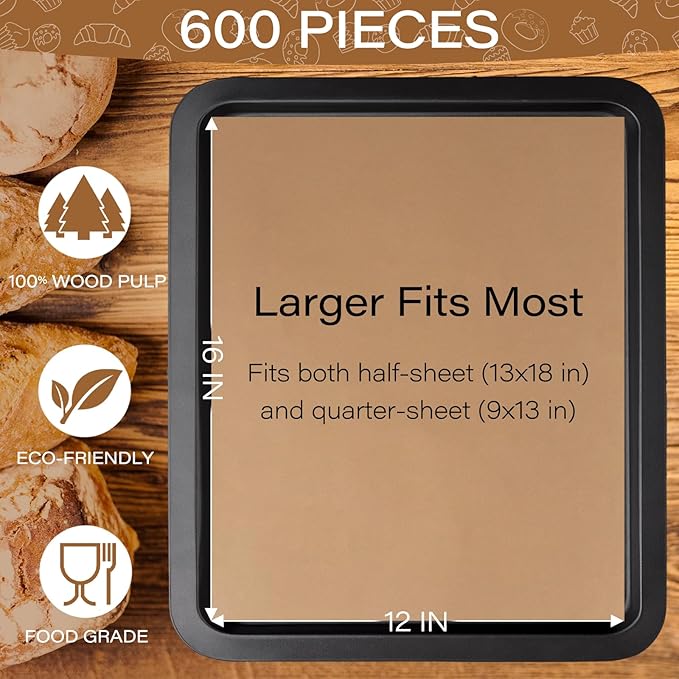 600 Pieces Parchment Paper Sheets 12"x 16" Unbleached Baking Paper Sheets Precut Half Parchment Paper Sheets for Baking Cookies, Cooking, Air Fryer, Oven
